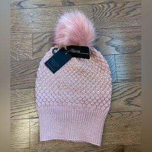 Pink Knit David and Young Studded Beanie with Faux Fur Pom Pom